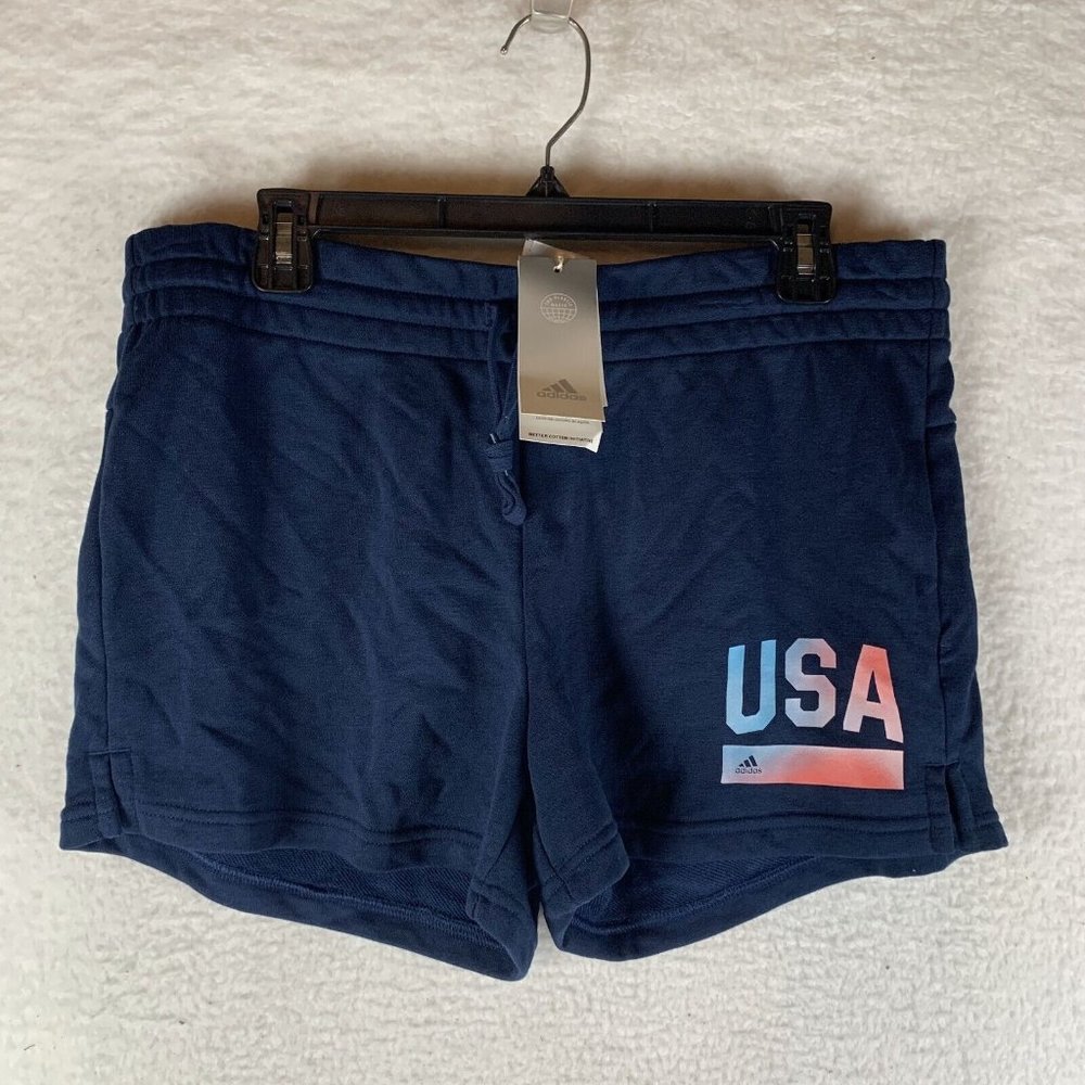 Adidas USA Shorts Womens Large Collegiate Navy Cotton Drawstring‎ Fitted 7554